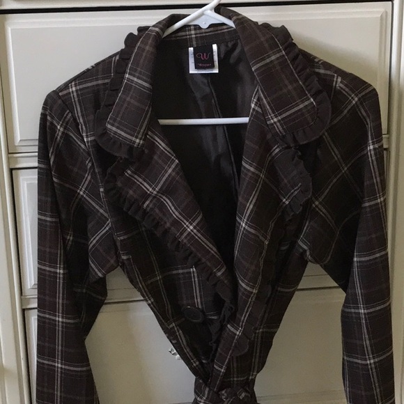 Brown Plaid Light Weight Jacket Poly Rayon Spandex - Picture 1 of 7